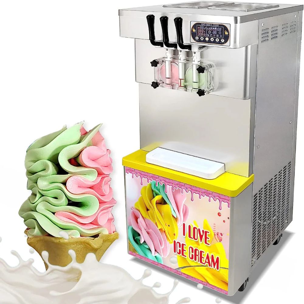 Machine à glace italienne servant un cône de crème glacée, montrant le système de distribution et mélange de parfums.